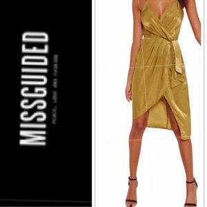 Missguided Silky Strappy Wrap Over Midi Sz 4 Dress Yellow